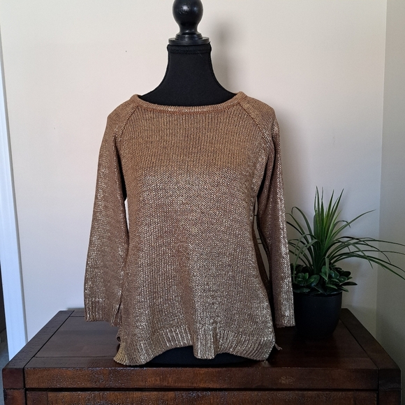 Zara Knit Sweater Gold Mwtallic Size Medium 3/4 Sleeve Round Neck - Picture 1 of 10
